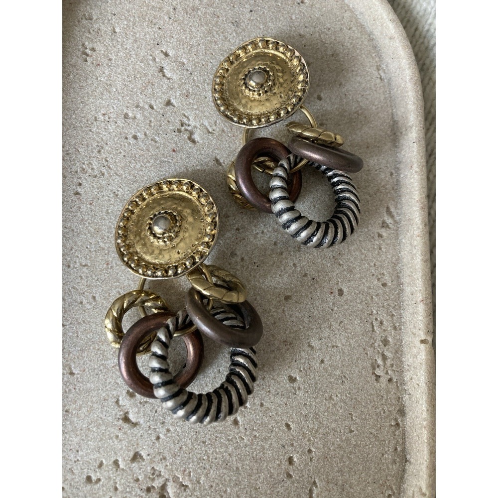 Vintage Gold Tone Mixed Ring Dangle Clip On Earrings Boho Statement Chunky